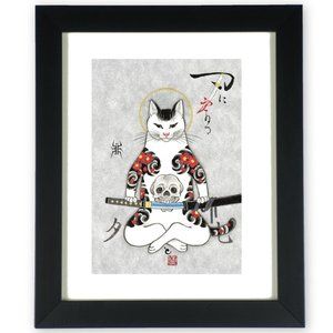 Japanese Cat Samurai Framed Art Print by Kazuaki Horitomo